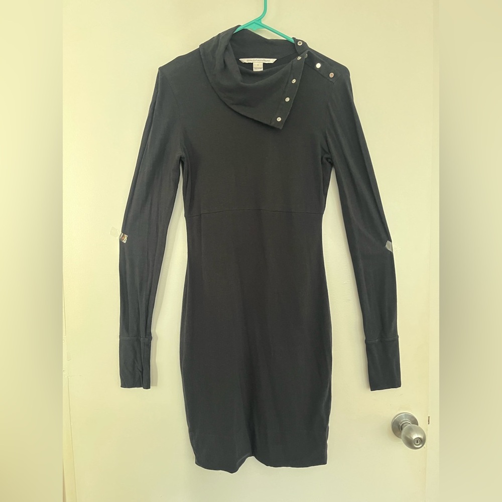 Diane Von Furstenberg Black Long Sleeve Dress with Asymmetrical Snap Detail